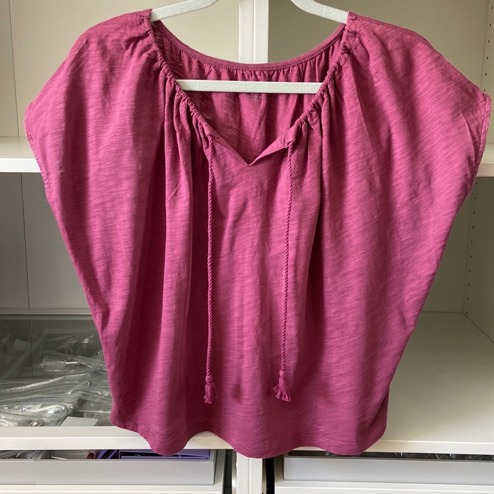 Loft, purple-rose tie neck pullover flowy shirt